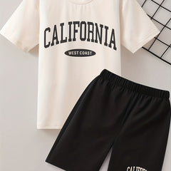 2pcs Boys California Print Tee & Shorts Set Summer Outfits
