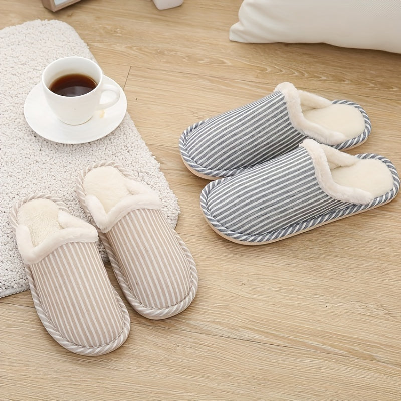 Plush Lined Striped Slippers Warm Flat Shoes Home Fuzzy Slippers