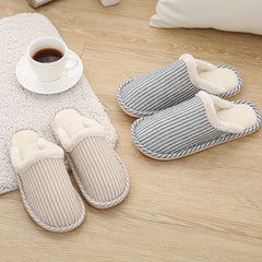 Plush Lined Striped Slippers Warm Flat Shoes Home Fuzzy Slippers