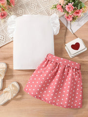 2pcs Toddler Girls Butterfly Sleeves Polka Dot Heart Top & Skirt Set