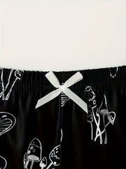 Mushroom Print Lounge Set Sleeveless Cami Crop Top & Bow Elastic Shorts