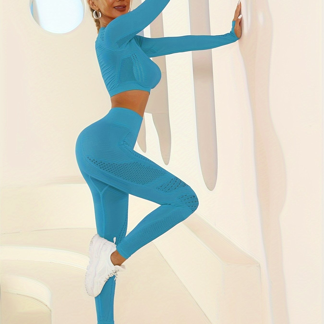 Yoga Workout Set Long Sleeve Top & Running Leggings Women's Activewear
