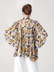 Vacay Blouse Women's Plus Leaf Print Lantern Sleeve Blouse