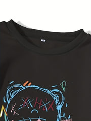 Letter & Bear Print Sweatshirt Crew Neck Pullover