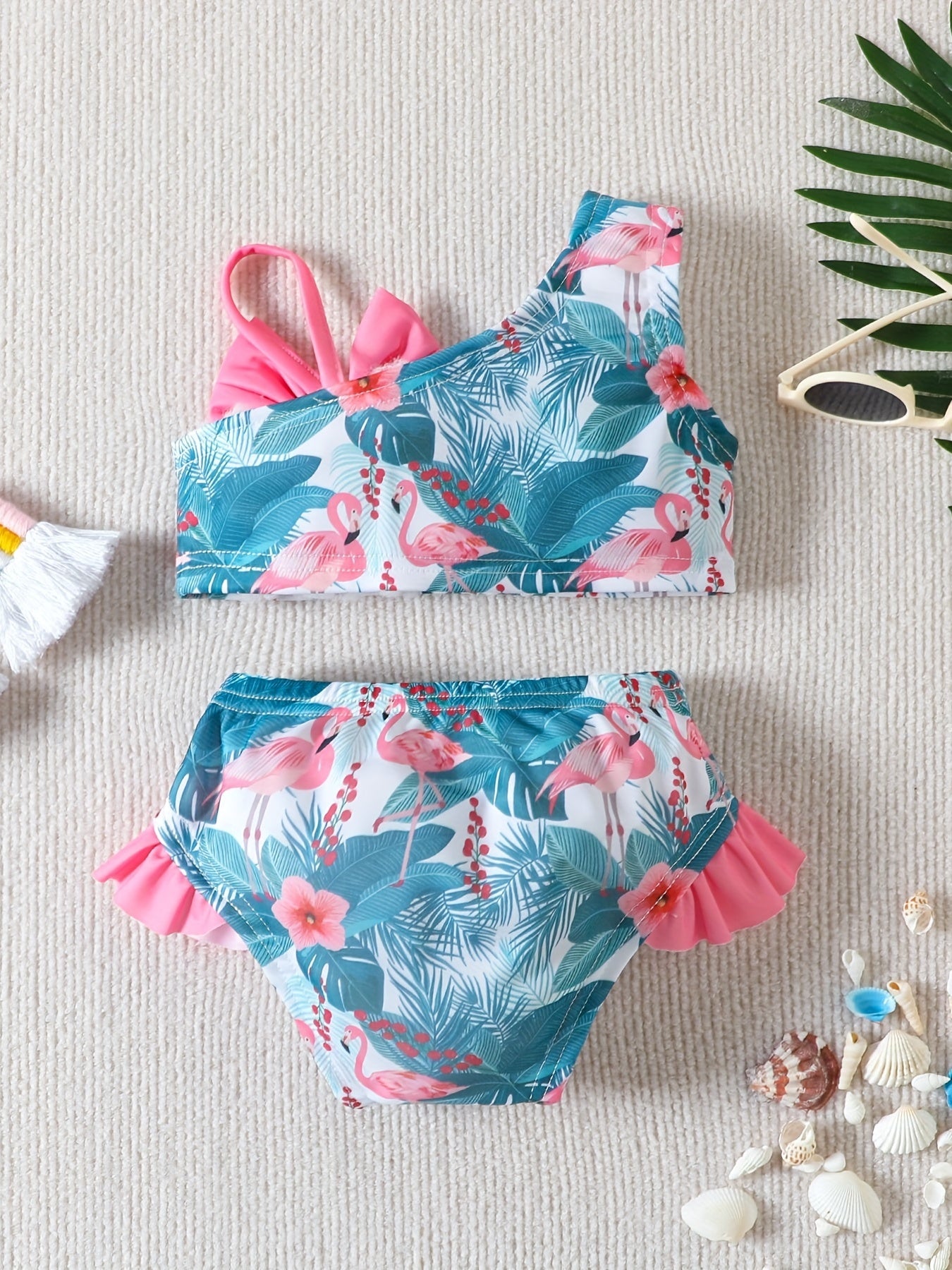 Girls Flamingo Print Bikini Swimsuit Set Ruffle Bow Decor Beach Vacation
