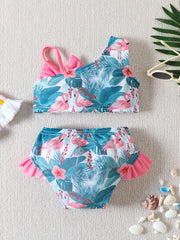 Girls Flamingo Print Bikini Swimsuit Set Ruffle Bow Decor Beach Vacation