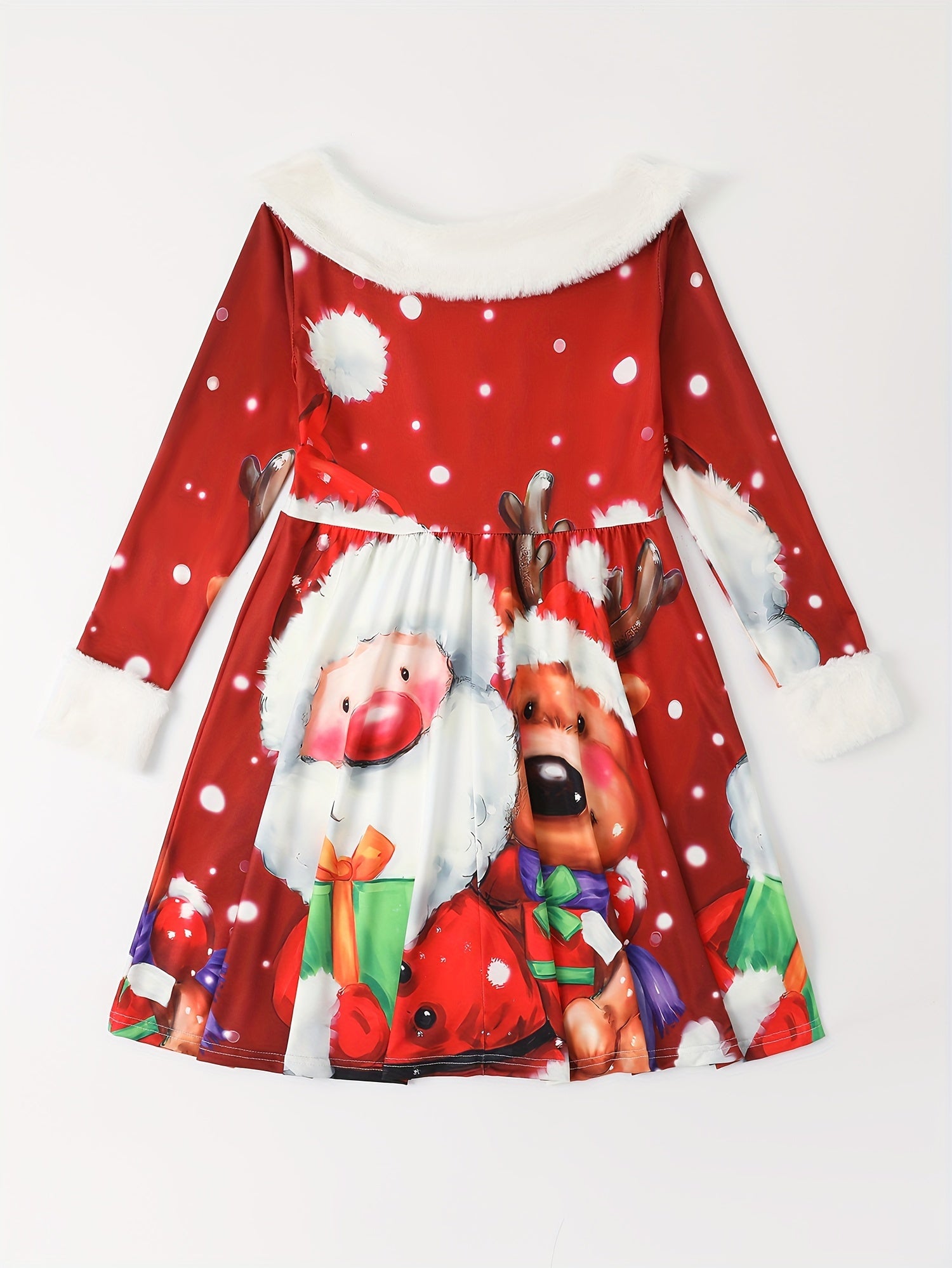Santa & Reindeer Graphic Christmas Dress Girls