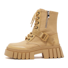 Women's Canvas Ankle Boots Belt Side Zipper Combat Boots