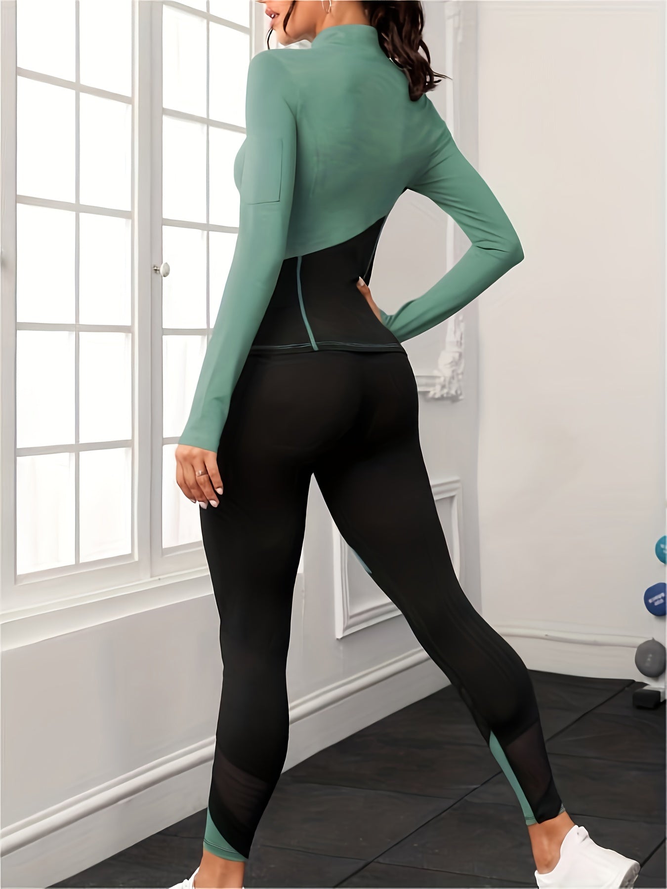 Yoga Set Contrast Long Sleeves Zip Up Slim Fit Tops & Seamless High Elastic Yoga