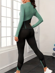 Yoga Set Contrast Long Sleeves Zip Up Slim Fit Tops & Seamless High Elastic Yoga