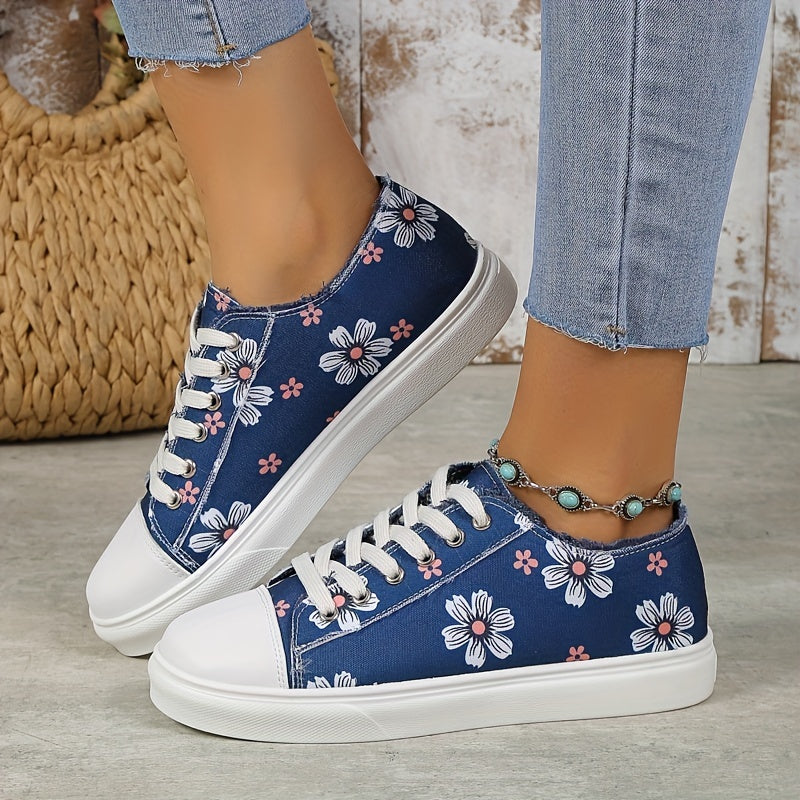 Floral Print Canvas Lace Up Low Top Sneakers Women's Casual Flat Shoes