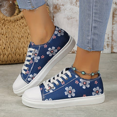 Floral Print Canvas Lace Up Low Top Sneakers Women's Casual Flat Shoes