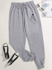 Heart Print Pants Casual Drawstring Elastic Waist Jogger Pants
