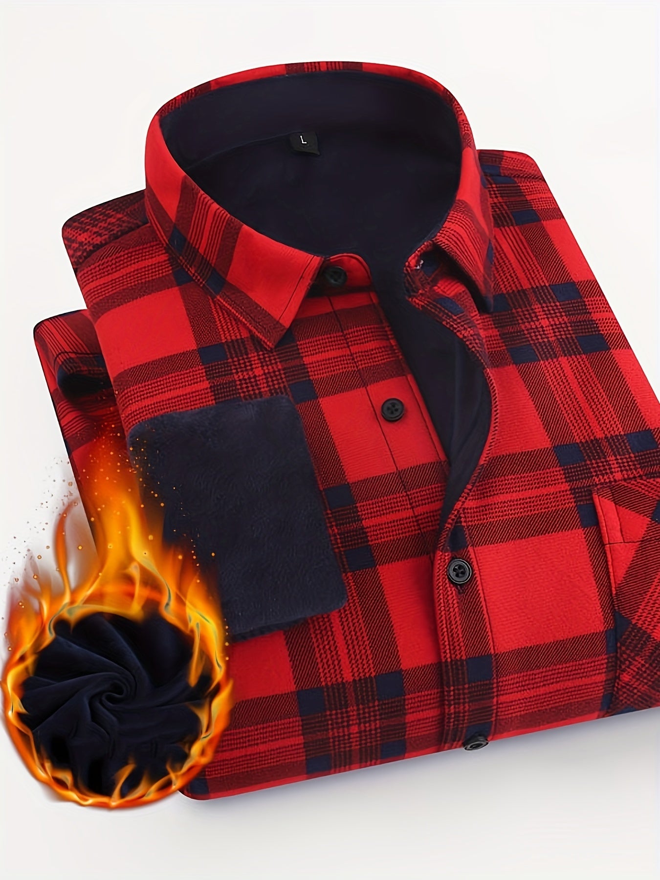 Men's Plaid Fleece Shirt Turndown Collar Long Sleeve Warm Autumn Winter