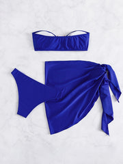 Metal U Ring Bandeau Navy Bikini Set with Cover Up