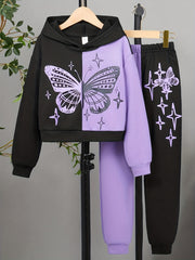 Glitter Butterfly Print Girl's 2pcs Hoodie & Sweatpants Set