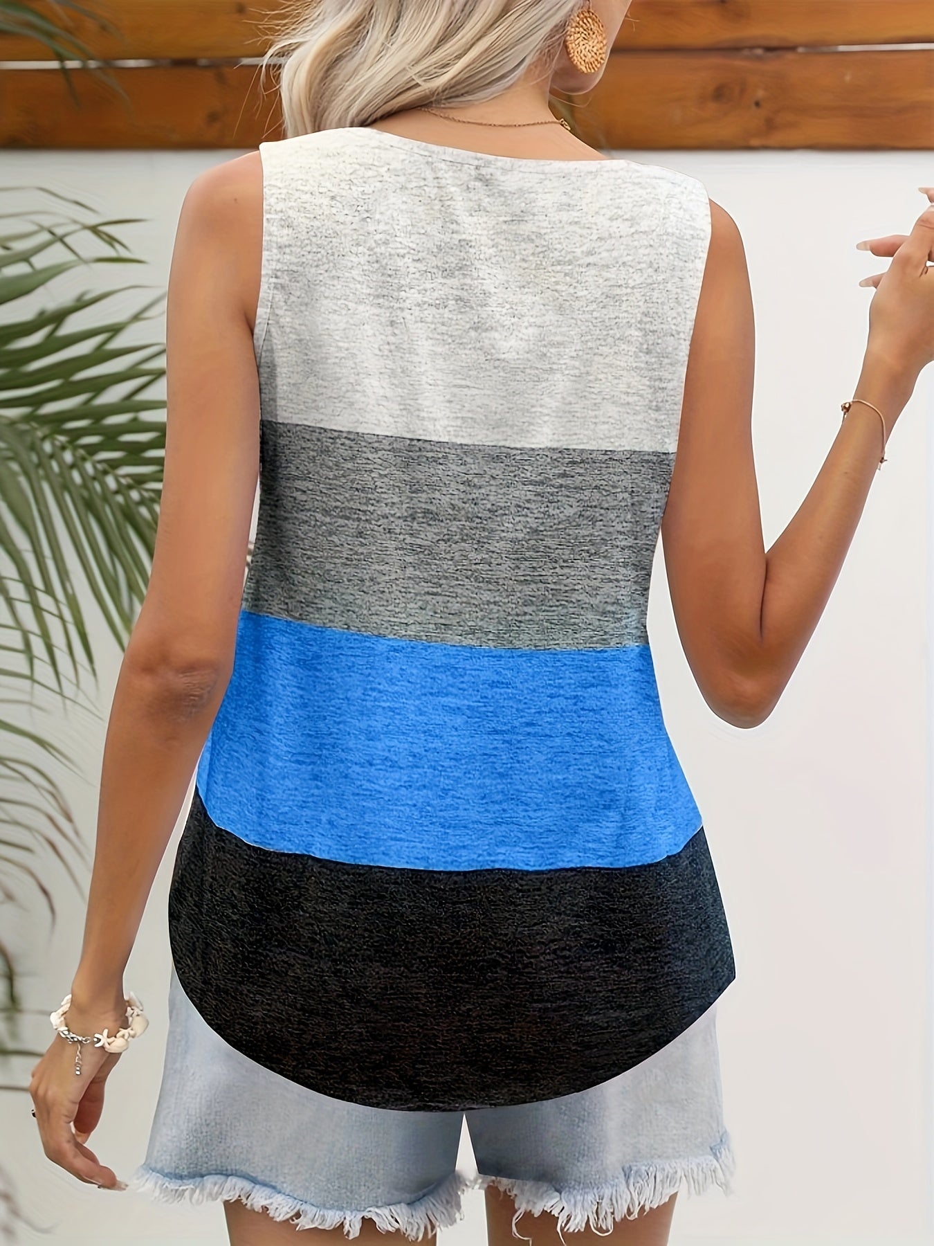 Striped Print Square Neck Tank Top Summer Sleeveless Casual Top