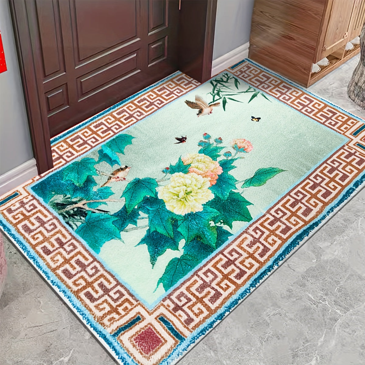 Chinese Flower Bird Print Living Room Rug Coffee Table Carpet