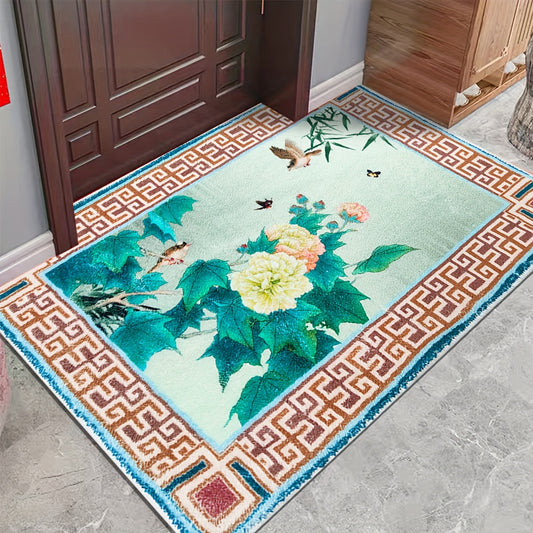 Chinese Flower Bird Print Living Room Rug Coffee Table Carpet