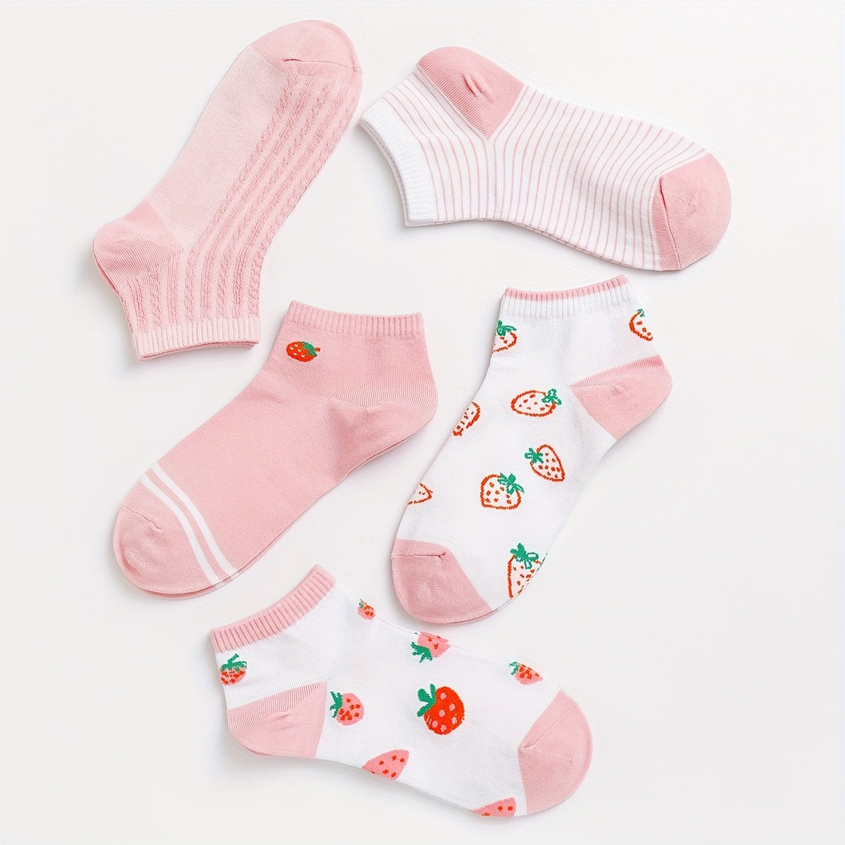 5 Pairs Strawberry Print & Striped Ankle Socks Women's Stockings