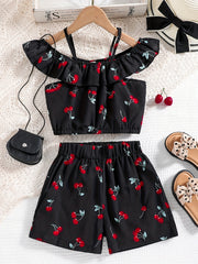 Girls Cherry Print Off Shoulder Camisoles & Elastic Waist Shorts Set
