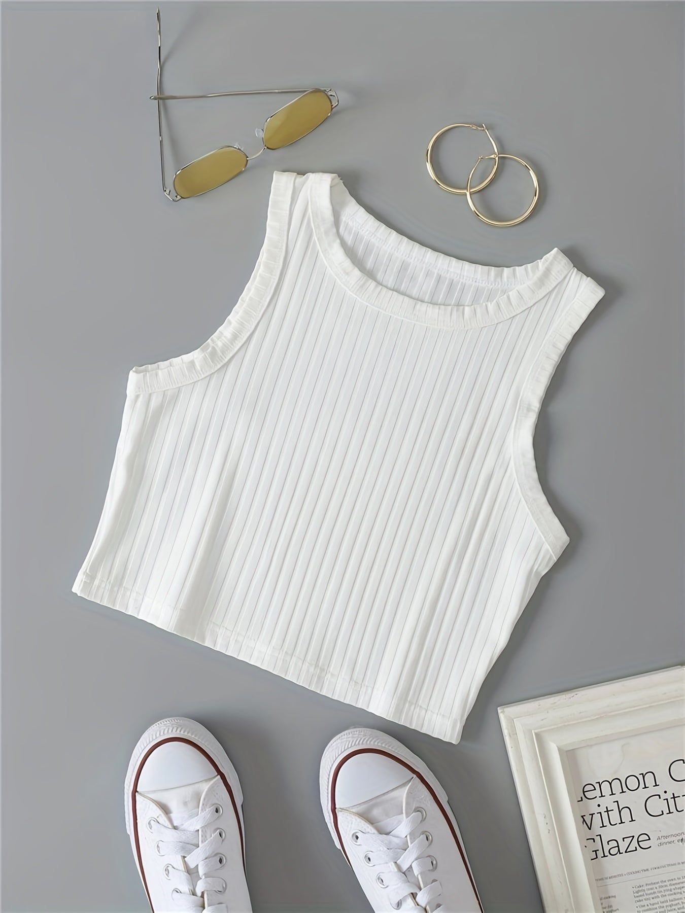 Ribbed Knit Summer Crop Top Y2K Sleeveless Solid Casual Top Women's Clothing