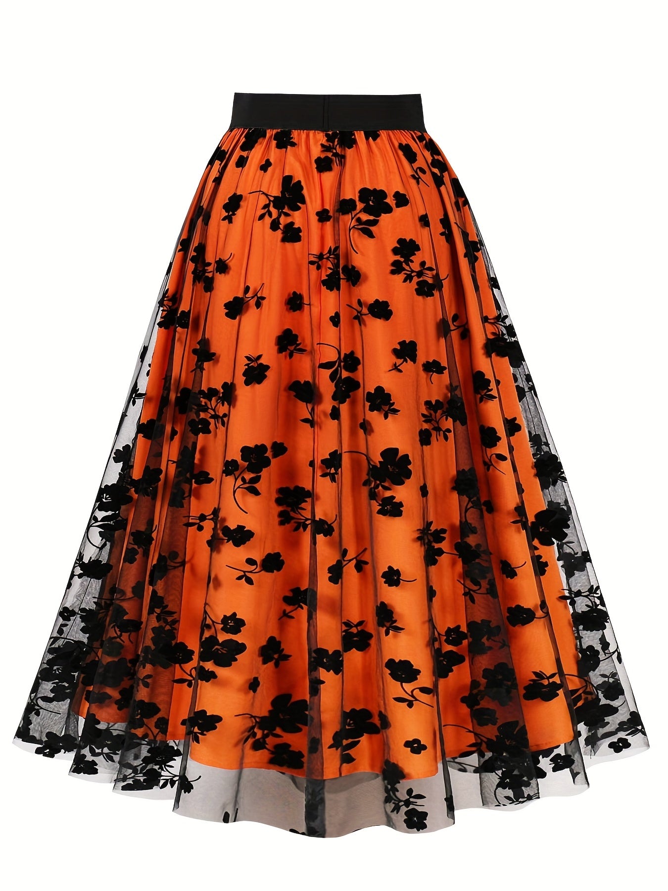 Floral Print Mesh High Rise A line Plus Size Skirt