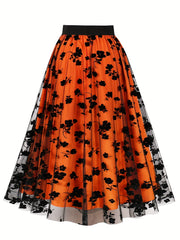 Floral Print Mesh High Rise A line Plus Size Skirt