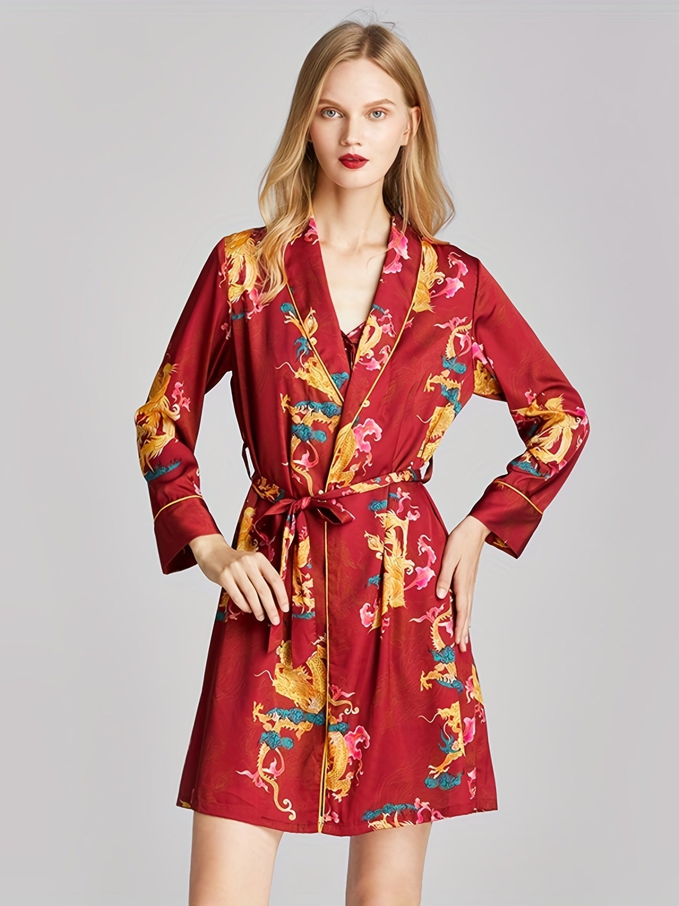 Dragon & Phoenix Print Night Robe V Neck House Robe Women's Sleepwear