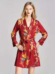 Dragon & Phoenix Print Night Robe V Neck House Robe Women's Sleepwear