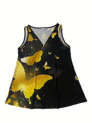 Butterfly Print Zipper Front V Neck Tank Top