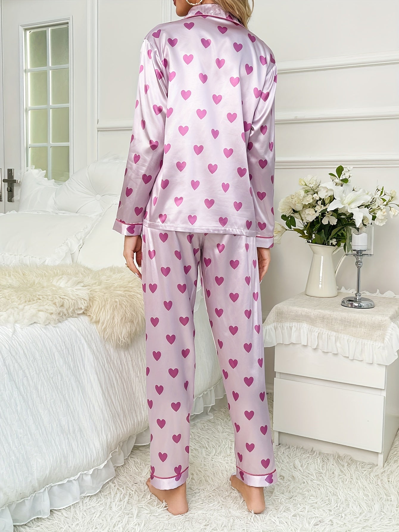 Heart Print Satin Pajamas Set Long Sleeve Buttons Top & Elastic Waistband Pants