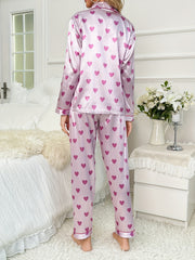 Heart Print Satin Pajamas Set Long Sleeve Buttons Top & Elastic Waistband Pants