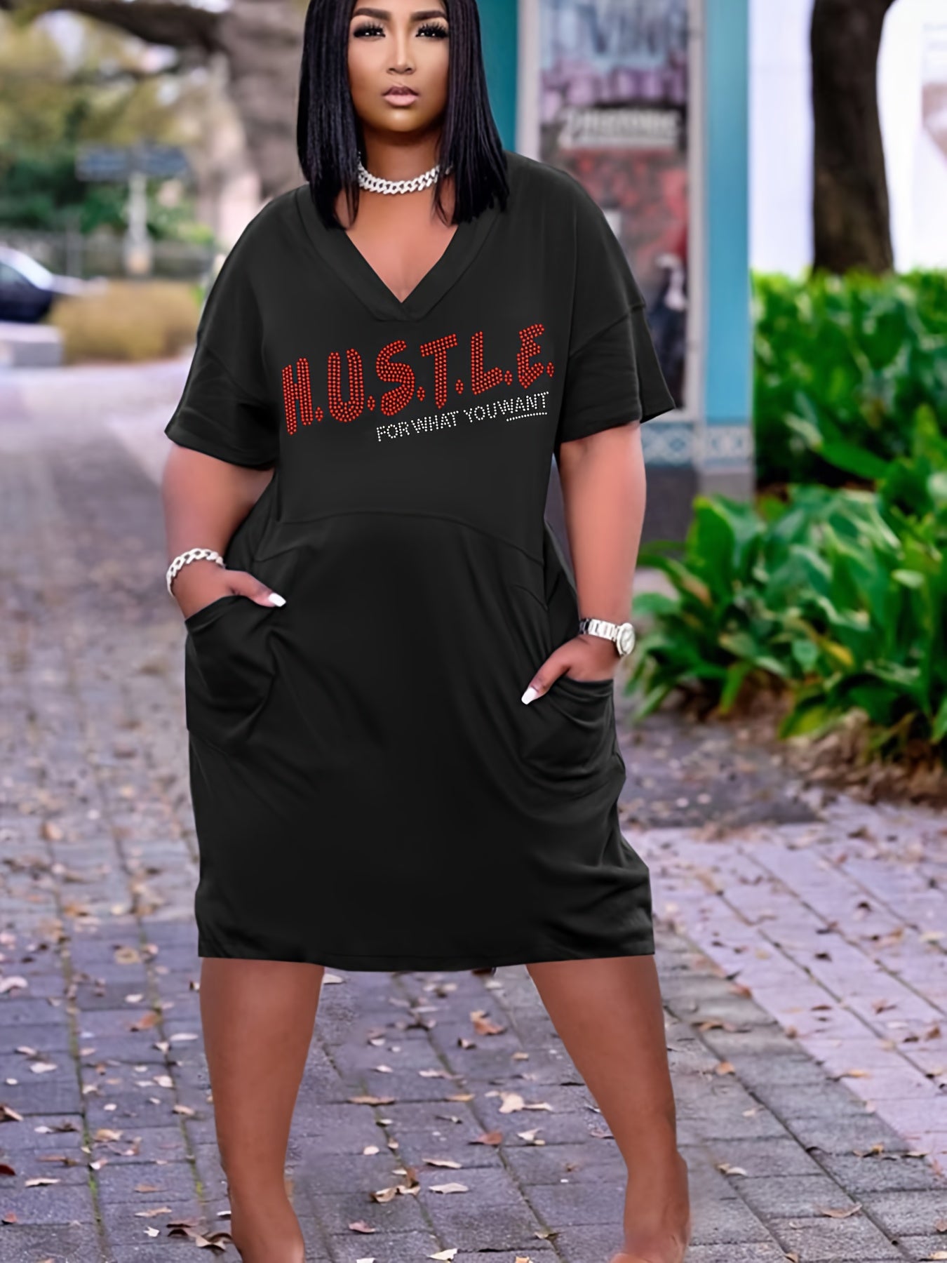 Casual Tee Dress Women's Plus Rhinestone Letter Short Sleeve