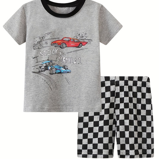 Boys Racing Cars Pajamas Set Short Sleeves Crew Neck Casual Homewear