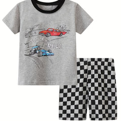 Boys Racing Cars Pajamas Set Short Sleeves Crew Neck Casual Homewear