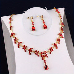 Red Rhinestone Crown Tiara Necklace Earrings Set