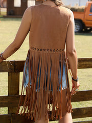 Hippie Eyelet Fringe Sleeveless Tassel Jacket Women's Clothing