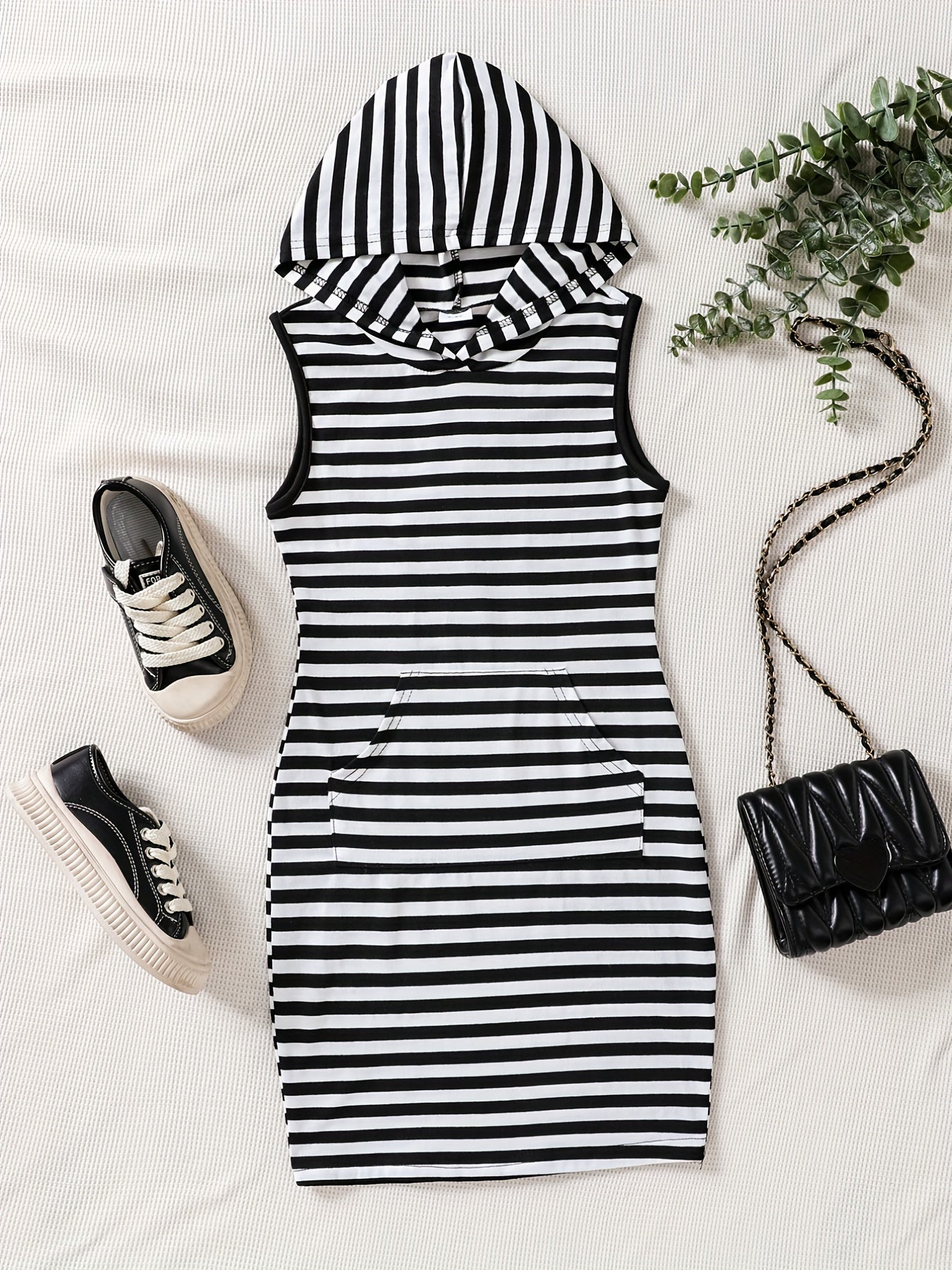Girls Striped Bodycon Casual Hooded Tank Dress