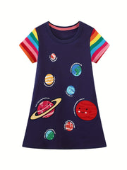 Toddler Girls Rainbow Stripes Dress with Cartoon Space Planet Embroidery