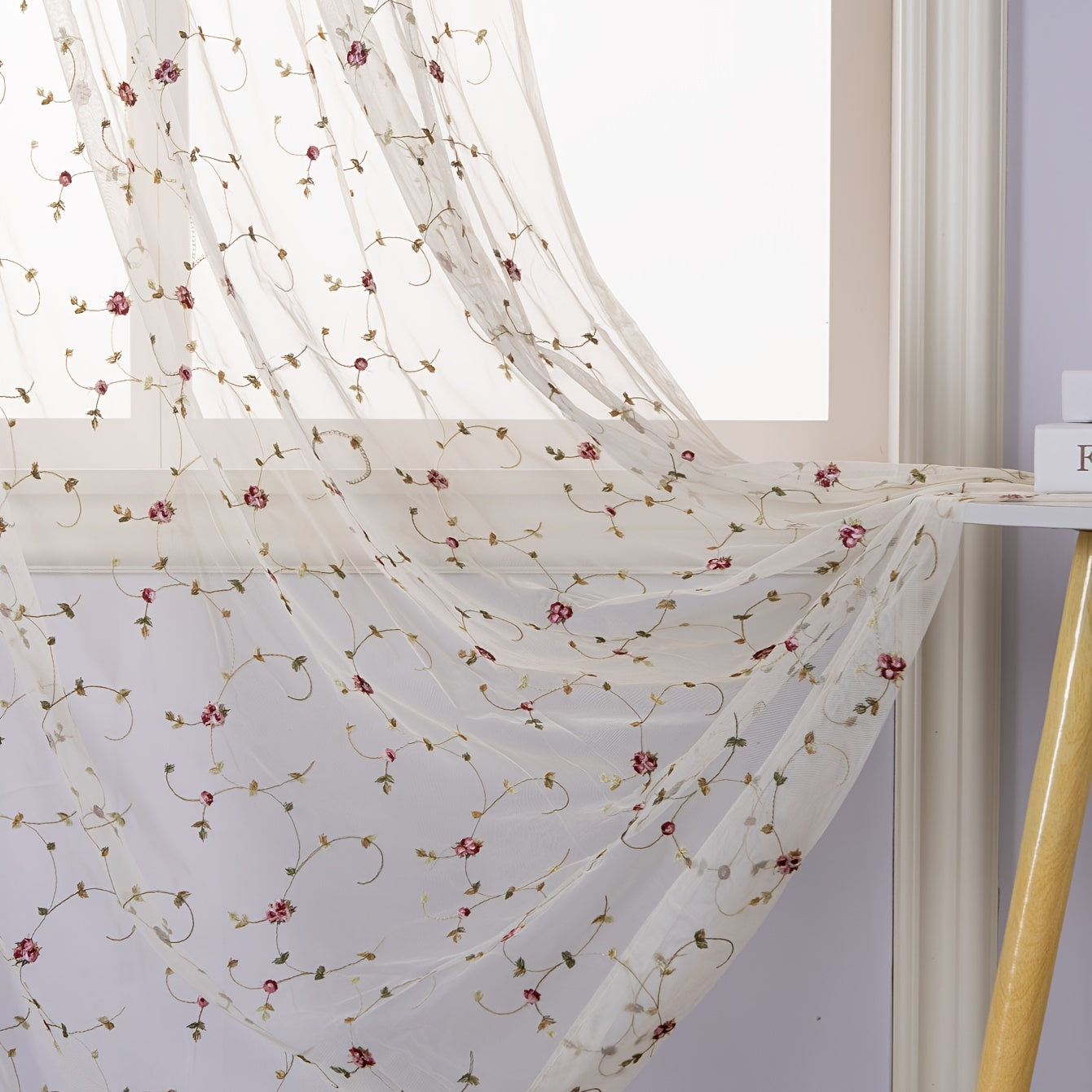 Pastoral Beige Embroidered Sheer Curtain