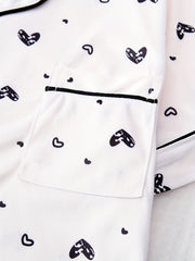 Heart Print Pajama Set Short Sleeve Buttons Top & Elastic Waistband Shorts
