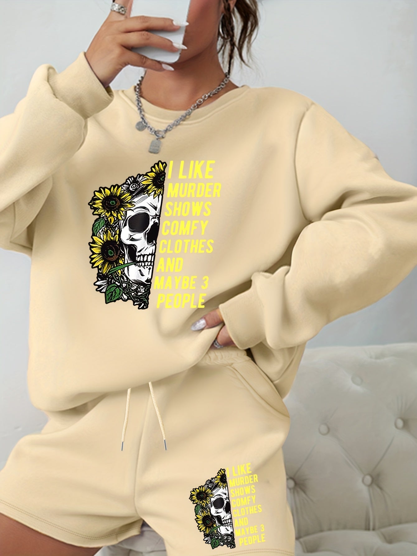 Halloween Graphic Print Sweatshirt & Shorts 2pcs Set