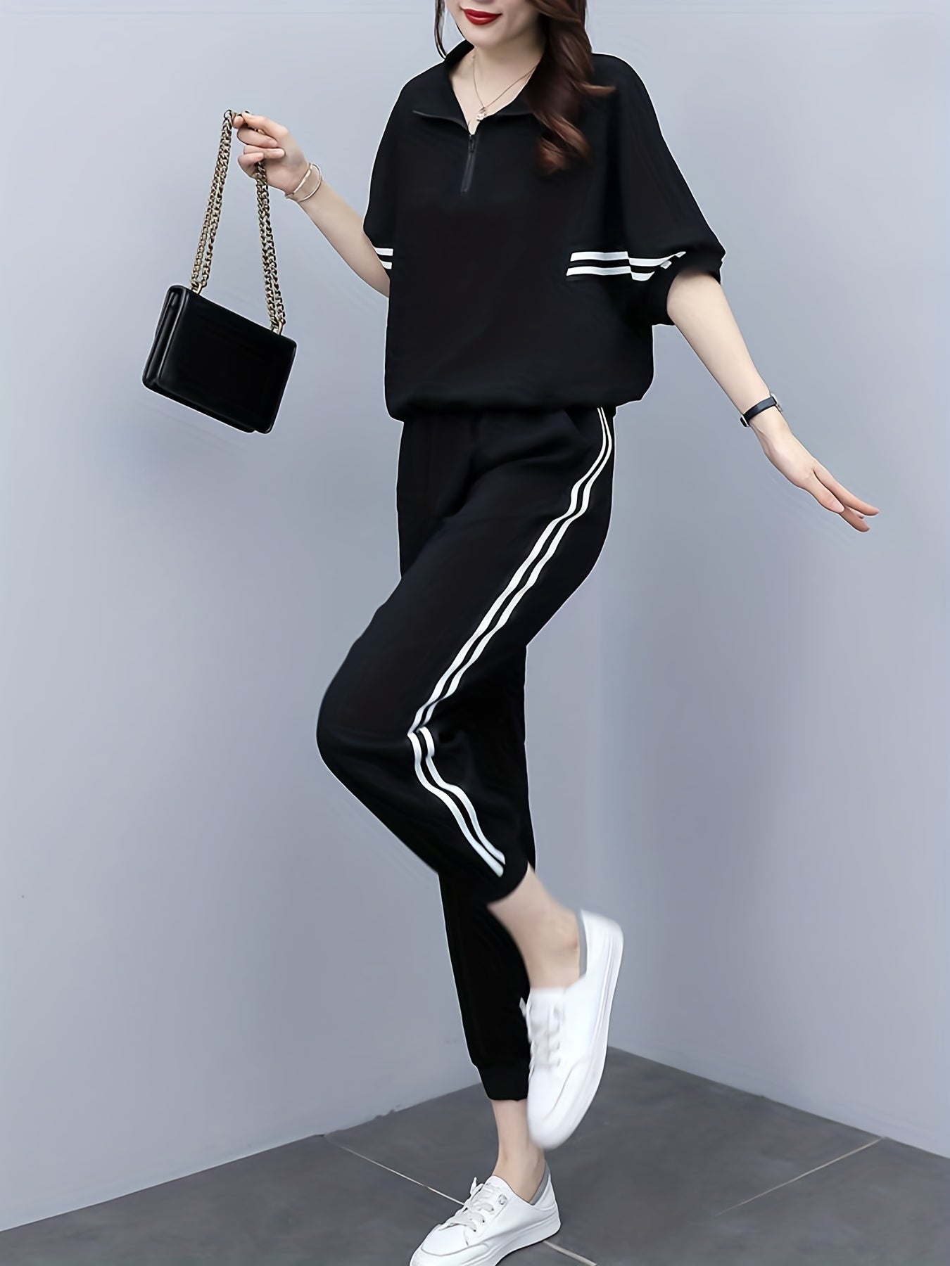 Striped Print Zipper Front T-shirt & High Waist Set