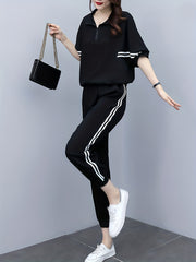 Striped Print Zipper Front T-shirt & High Waist Set