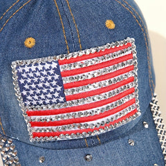 Flag Patch Baseball Cap Rhinestone Denim Washed Distressed Dad Hat
