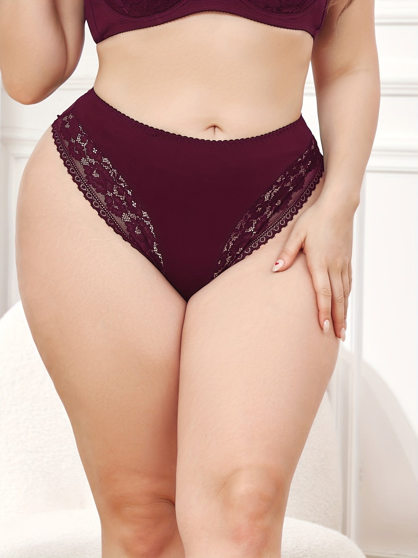 Floral Jacquard Lace Trim Panties Plus Size