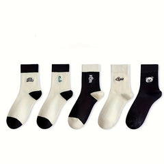 5 Pairs Bear Pattern Socks for Women, Comfy & Mid Tube Stockings