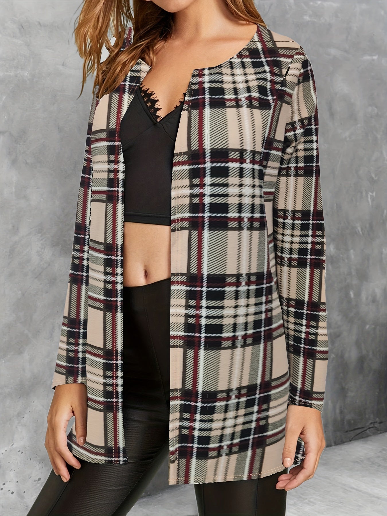 Plaid Print Crew Neck Jacket for Women