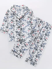 Girls 2pcs Lounge Wear Button Down Pajamas Floral Print Set